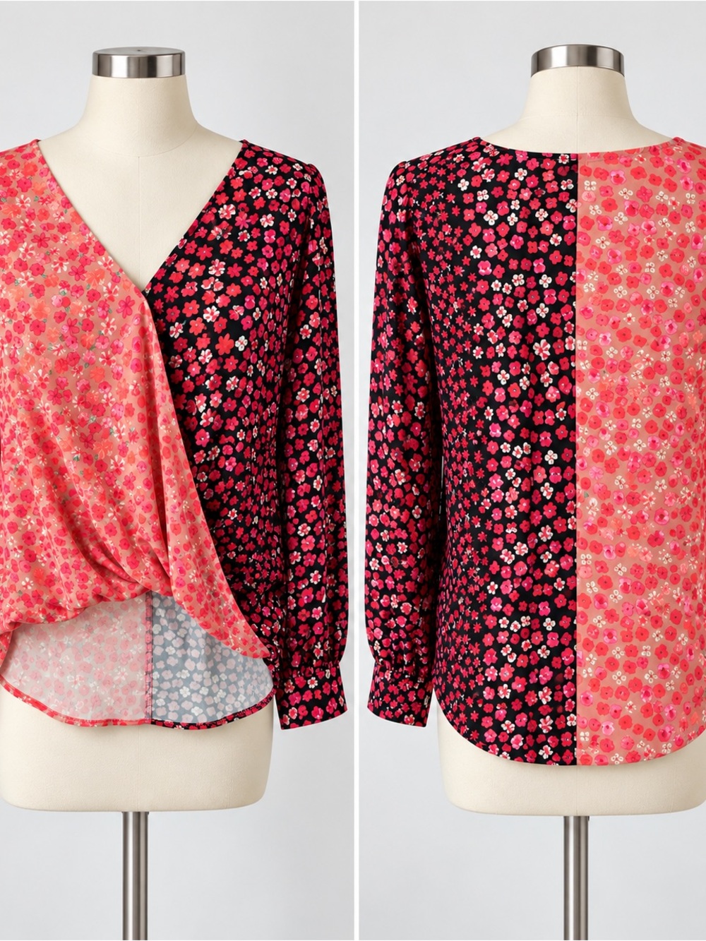16565. Women’s Floral Colorblock Wrap Blouse Long Sleeve Pink Black Surplice top
